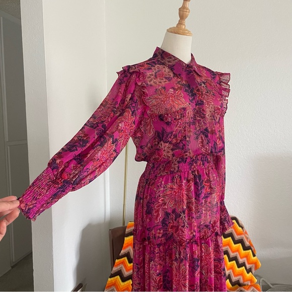 Misa Los Angeles Marian Floral Ruffle Metallic Tier Smocked Midi Dress - Picture 5 of 12